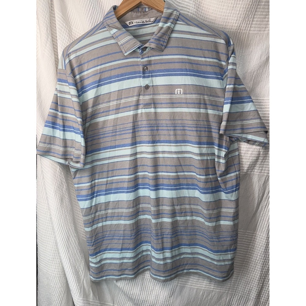 Travis Mathew Performance Golf‎ Polo XL Blue Gray Striped Pima Cotton Blend - Picture 2 of 7